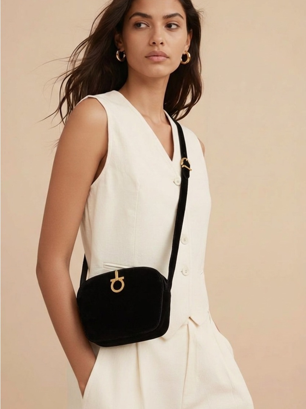 Salvatore Ferragamo Authentic Black Suede Crossbody with Gold Hardware.